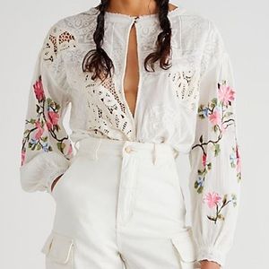 Free People Making Harmony XS & Sm Off White Embroidered Floral Boho Bodysuit